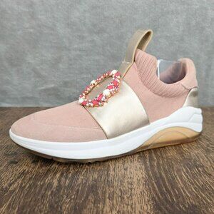 Karl Lagerfeld Charlee Slip On Sneakers 8 Gold Blush Pink Stretch Knit Crystals